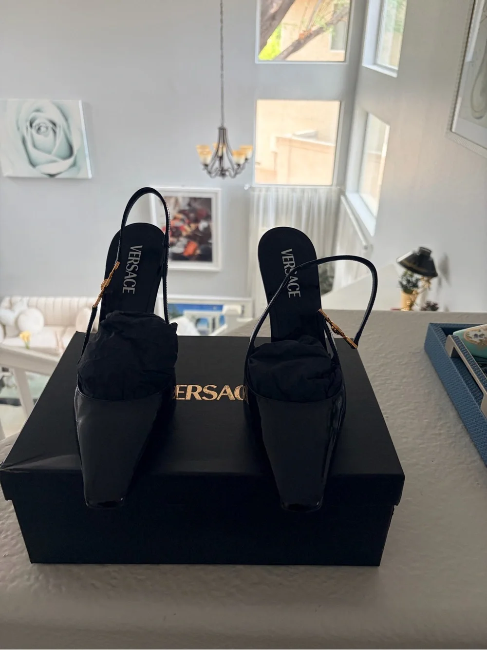 Versace Black Patent Leather Pointed Slingback Heels with Gold Medusa - Picture 2 of 10